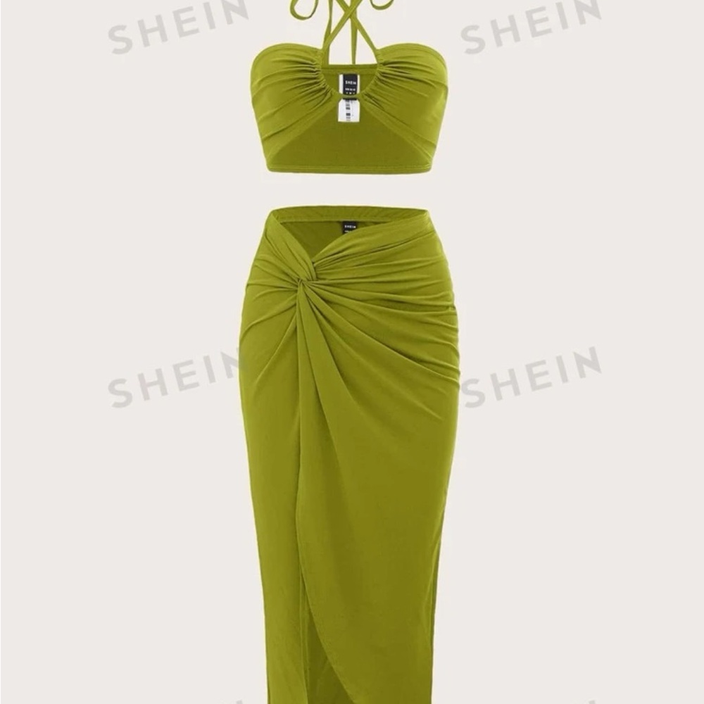 Olive green two piece halter top tie up crop top and skirt set